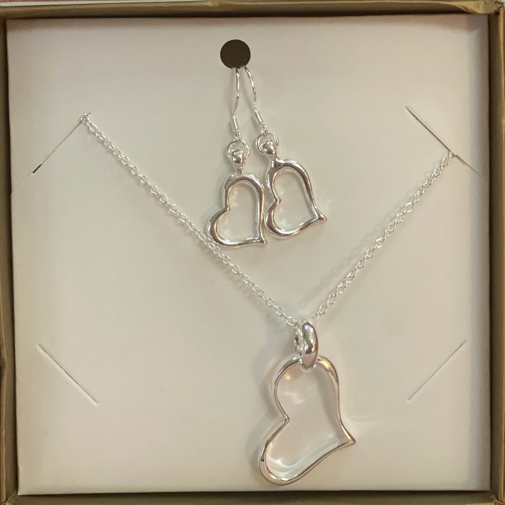 NEW Sterling Silver Heart Necklace and Earring Set